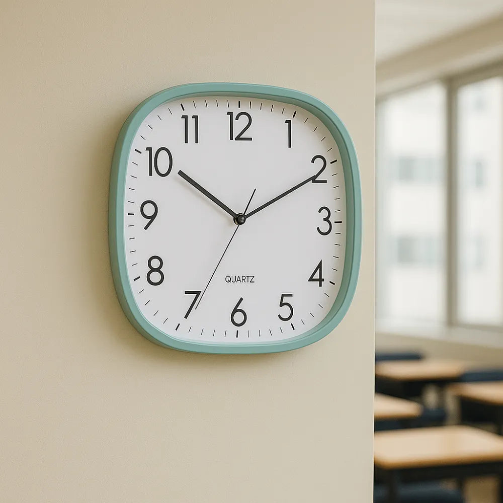 Torino Green 30cm square wall clock, mounted on a plain wall