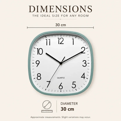 Torino Green 30cm square wall clock, size guide, 30 cm side length