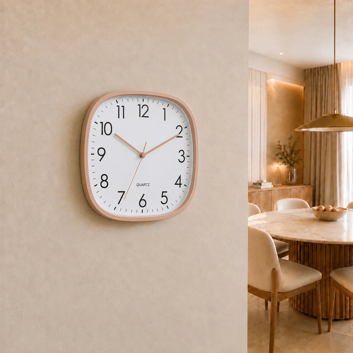 Torino Rose 30cm square wall clock, on a dining room wall