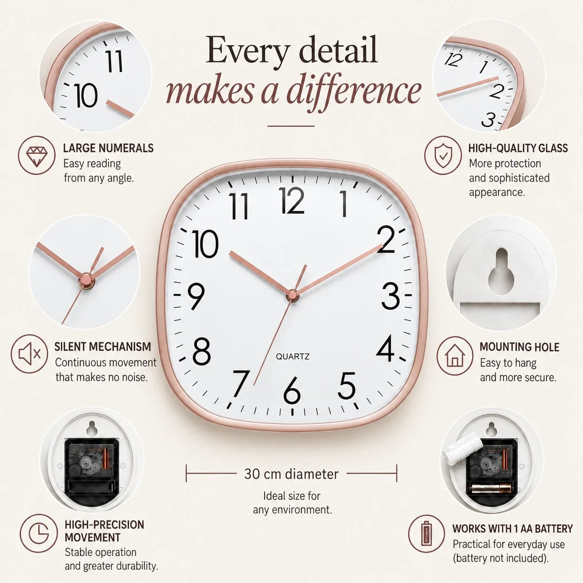 Torino Rose 30cm square wall clock, features graphic: large numerals, silent movement, hanging hole and one AA battery
