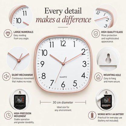 Torino Rose 30cm square wall clock, features graphic: large numerals, silent movement, hanging hole and one AA battery