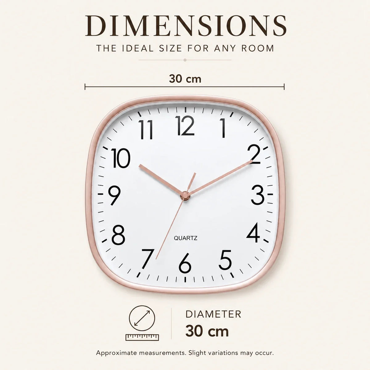 Torino Rose 30cm square wall clock, size guide, 30 cm side length
