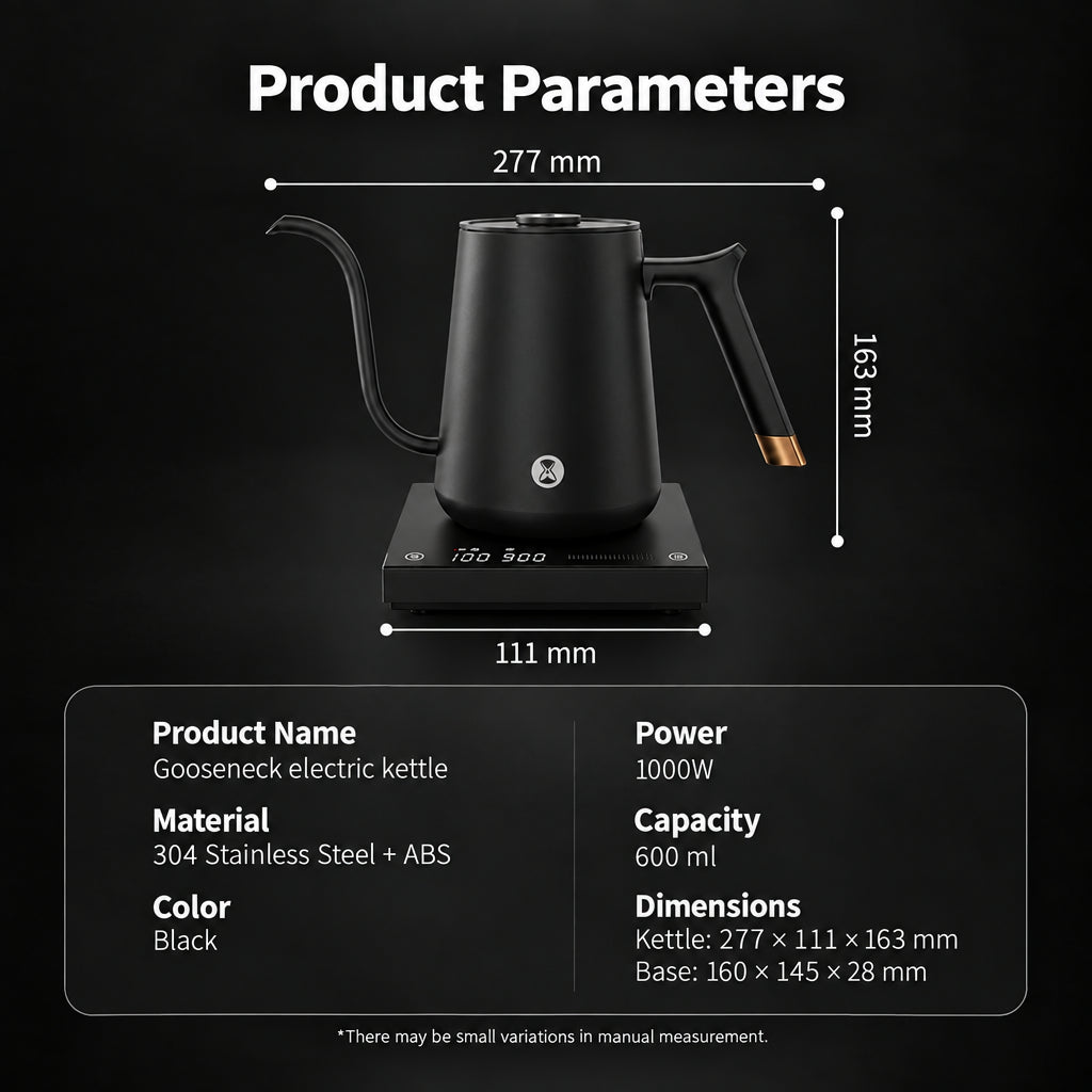 Timemore Fish Electric Gooseneck Kettle – Black, 600 ml – dimensions and specifications