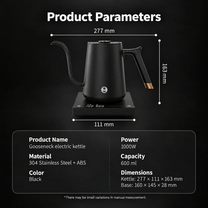 Timemore Fish Electric Gooseneck Kettle – Black, 600 ml – dimensions and specifications