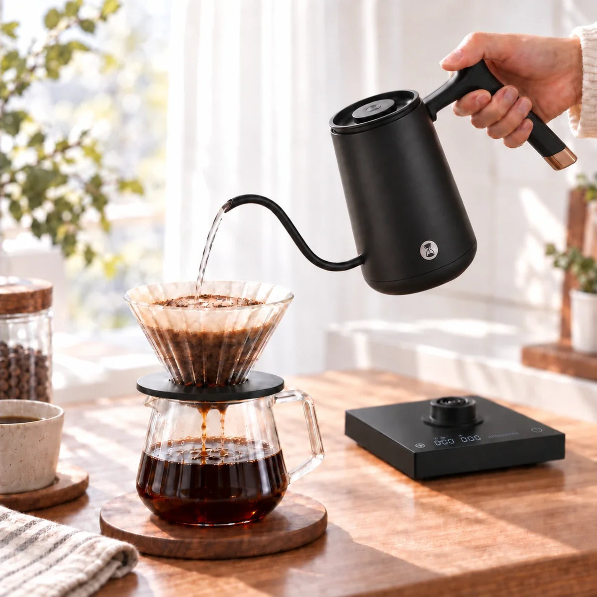 Timemore Fish Electric Gooseneck Kettle – Black, 600 ml – in a lifestyle setting