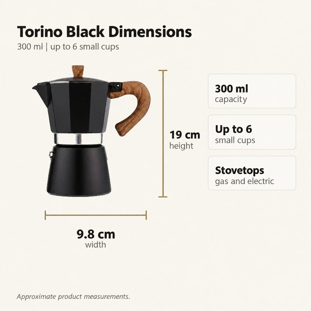 Torino Stovetop Espresso Maker – Black, 300 ml Moka Pot – dimensions and specifications