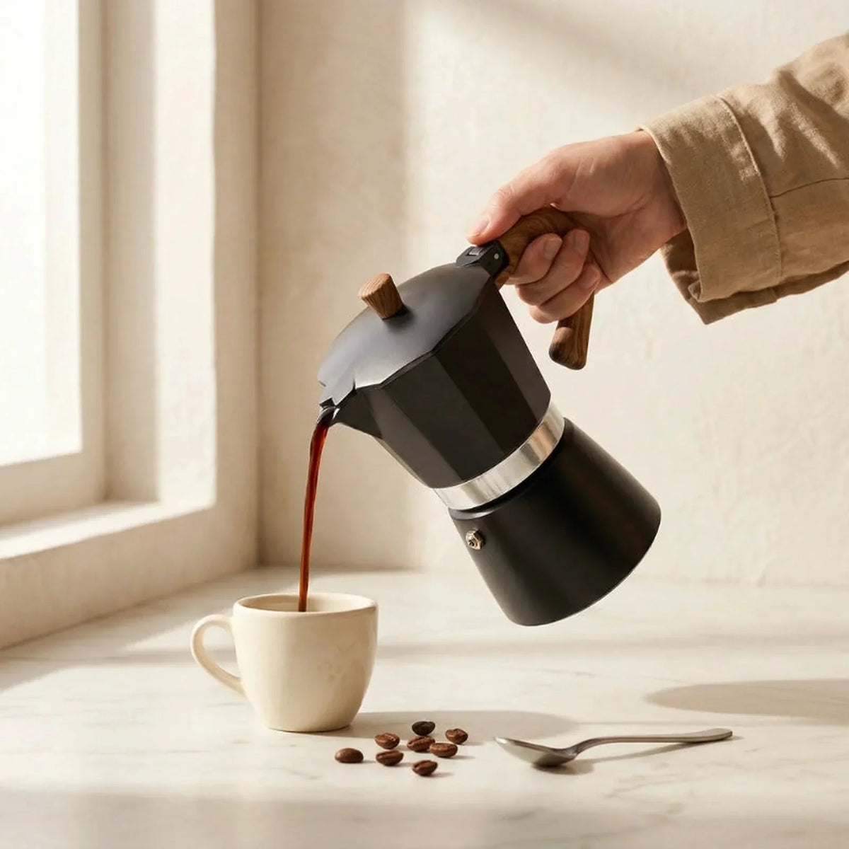 Torino Stovetop Espresso Maker – Black, 300 ml Moka Pot – in use
