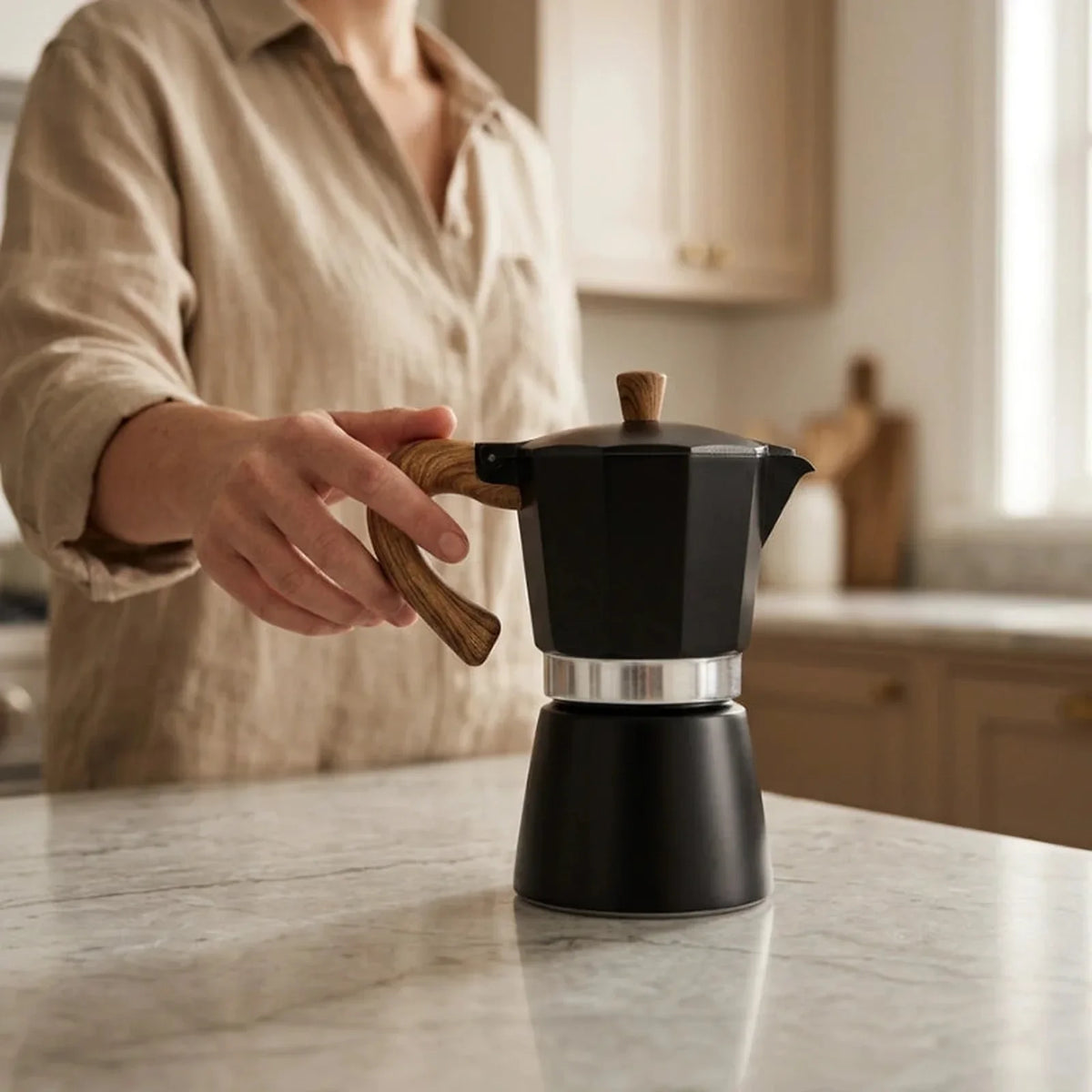 Torino Stovetop Espresso Maker – Black, 300 ml Moka Pot – in a lifestyle setting
