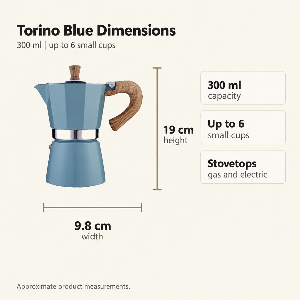 Torino Stovetop Espresso Maker – Blue, 300 ml Moka Pot – dimensions and specifications