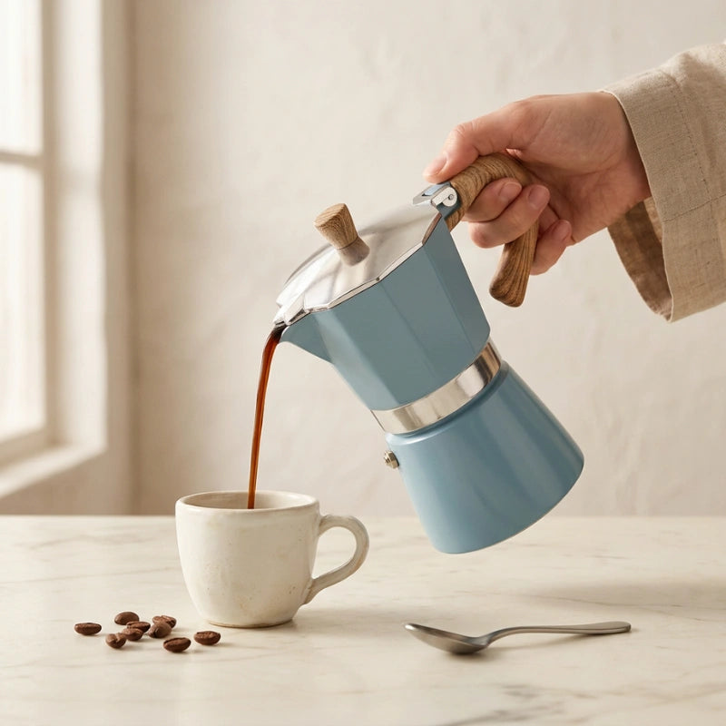 Torino Stovetop Espresso Maker – Blue, 300 ml Moka Pot – in use