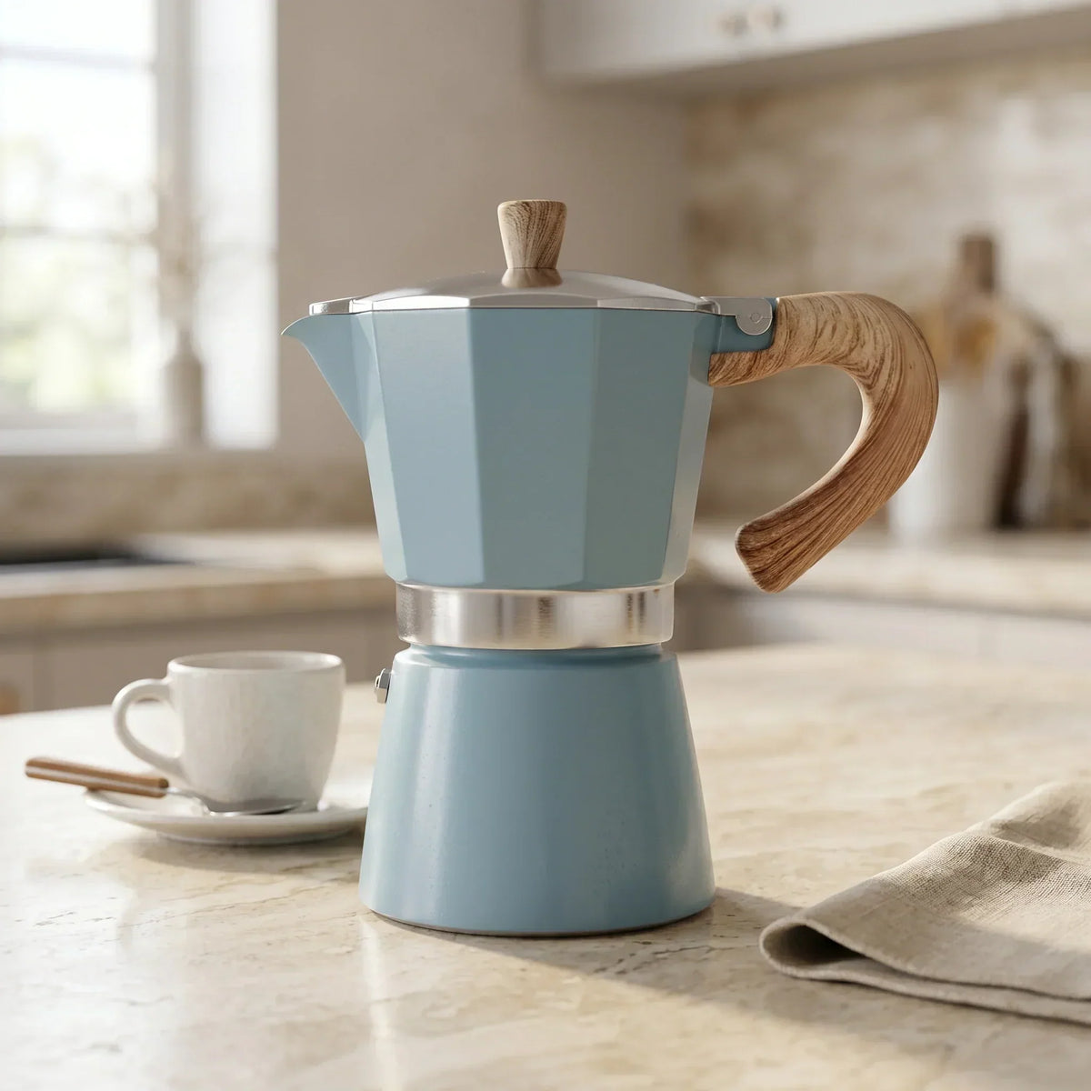 Torino Stovetop Espresso Maker – Blue, 300 ml Moka Pot – in a lifestyle setting