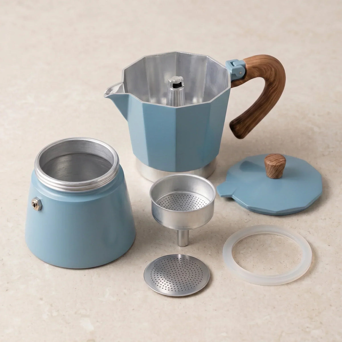 Torino Stovetop Espresso Maker – Blue, 300 ml Moka Pot – in a lifestyle setting