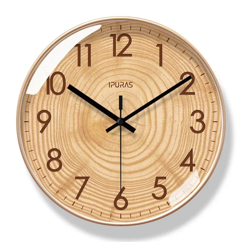 Tree-ring patterned wall clock with a pale rim, brown numerals and black hands against white.