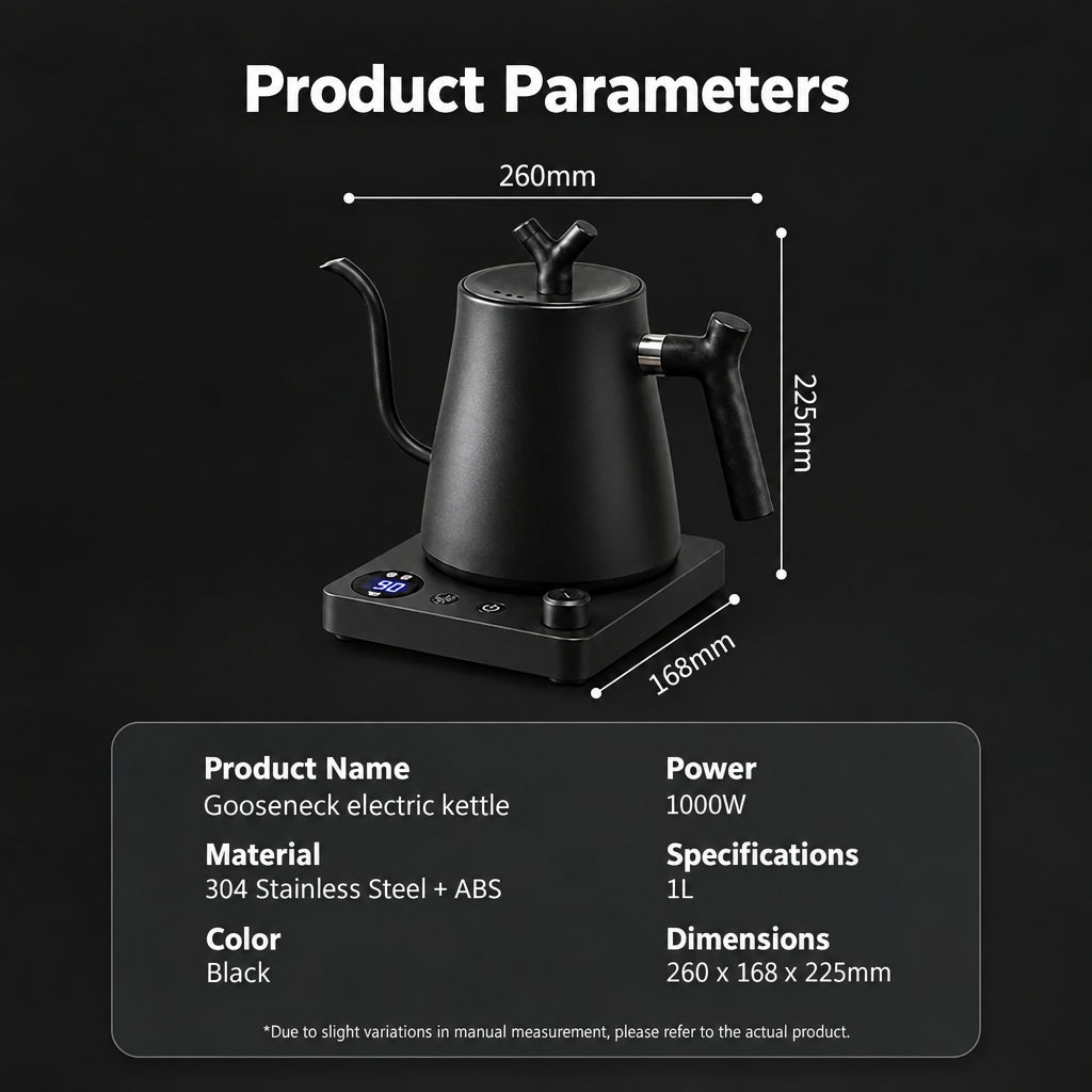 Veneza Electric Gooseneck Kettle – Matte Black, 40–100°C – dimensions and specifications