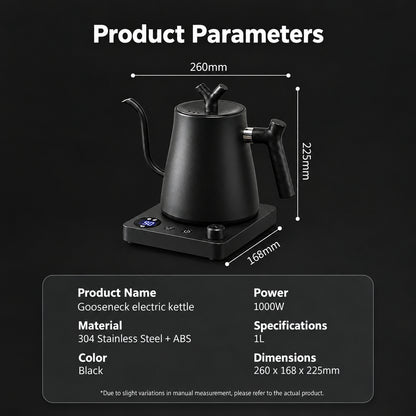 Veneza Electric Gooseneck Kettle – Matte Black, 40–100°C – dimensions and specifications