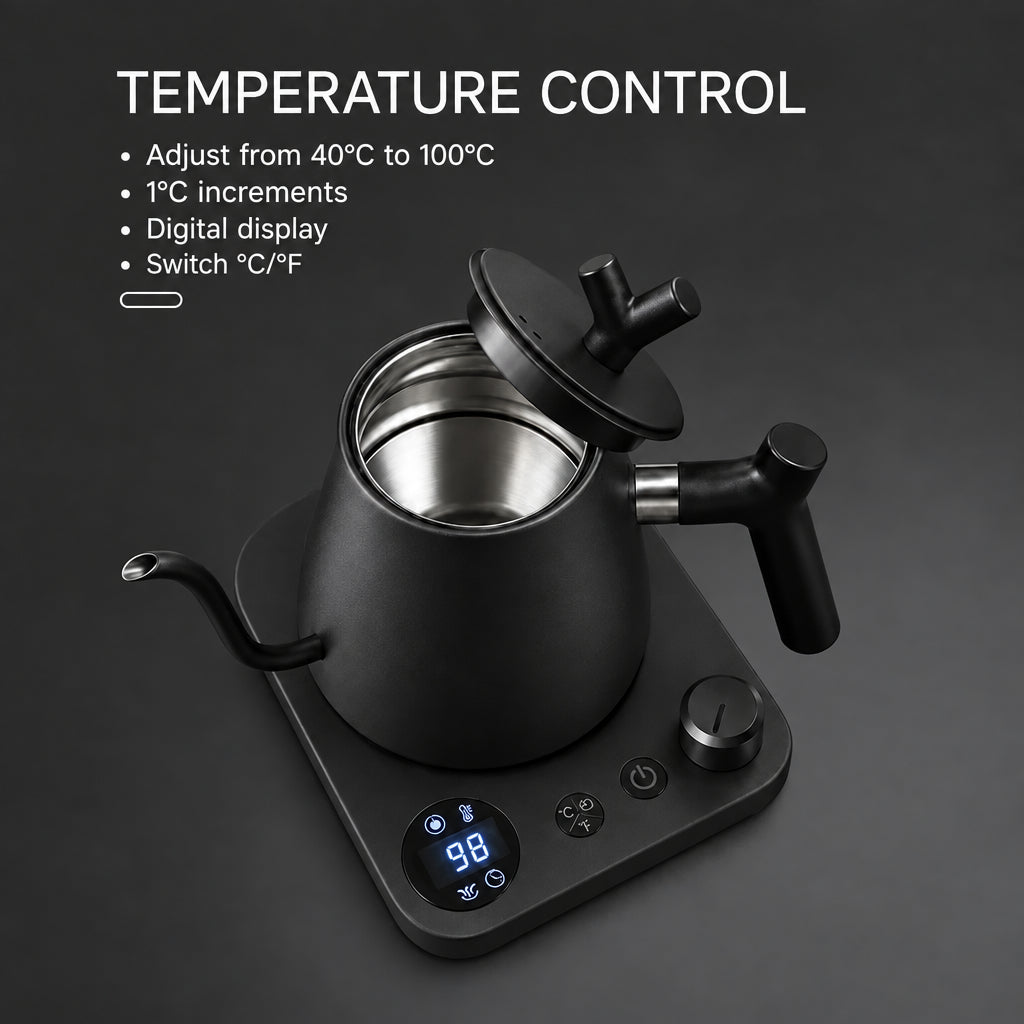 Veneza Electric Gooseneck Kettle – Matte Black, 40–100°C – feature detail