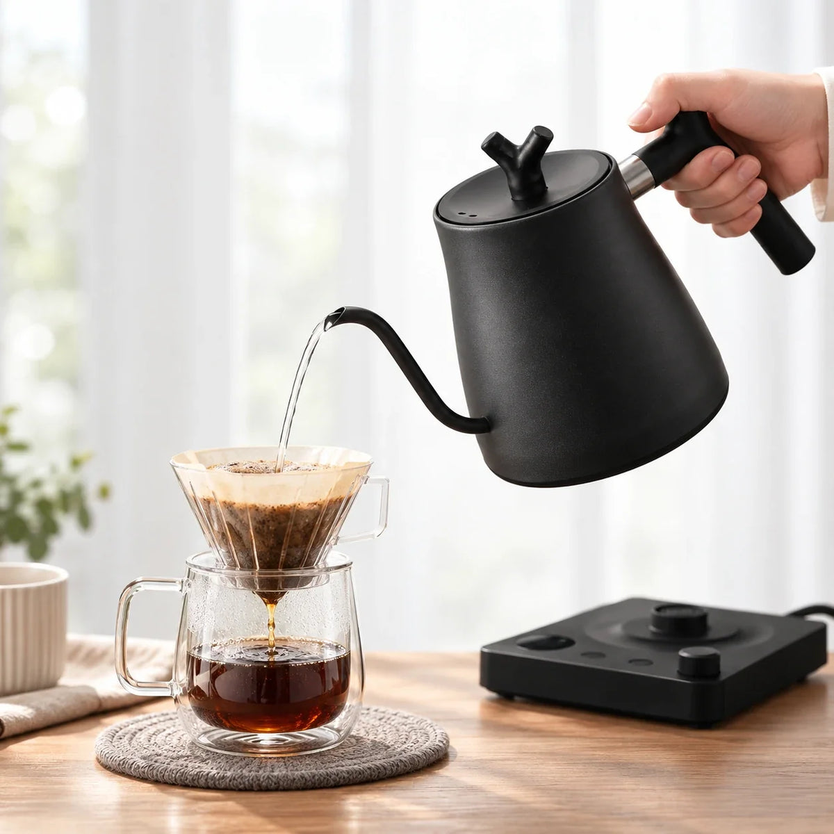 Veneza Electric Gooseneck Kettle – Matte Black, 40–100°C – in a lifestyle setting
