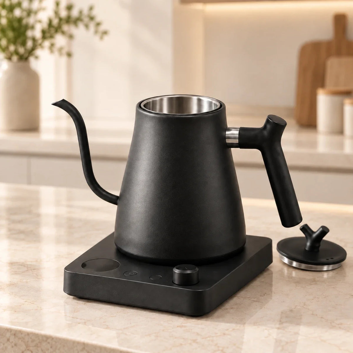 Veneza Electric Gooseneck Kettle – Matte Black, 40–100°C – in a lifestyle setting