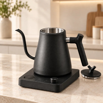 Veneza Electric Gooseneck Kettle – Matte Black, 40–100°C – in a lifestyle setting