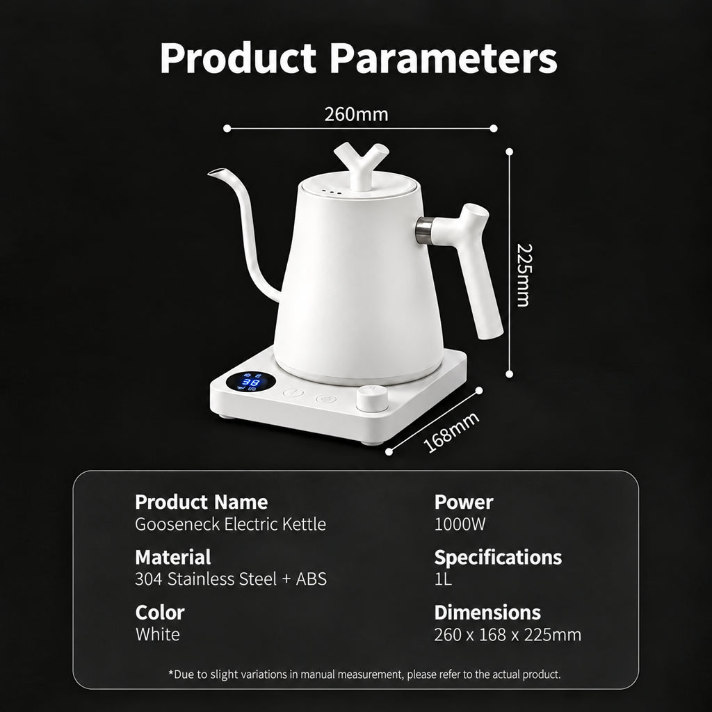 Veneza Electric Gooseneck Kettle – Matte White, 40–100°C – dimensions and specifications