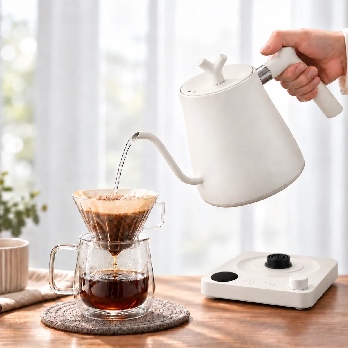 Veneza Electric Gooseneck Kettle – Matte White, 40–100°C – in a lifestyle setting