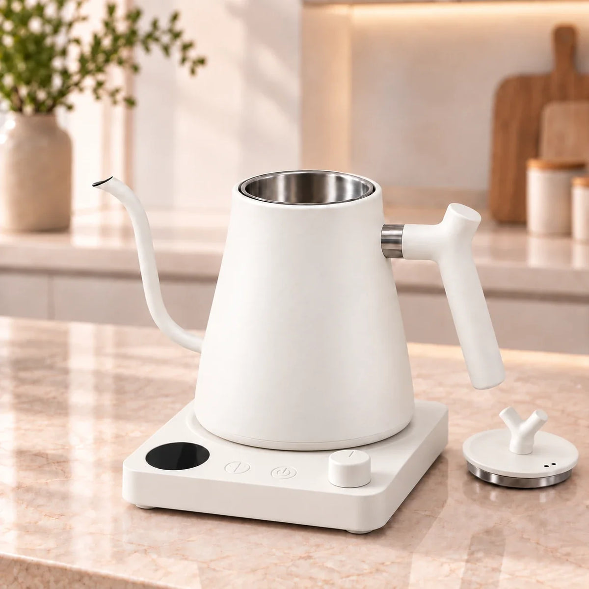 Veneza Electric Gooseneck Kettle – Matte White, 40–100°C – in a lifestyle setting