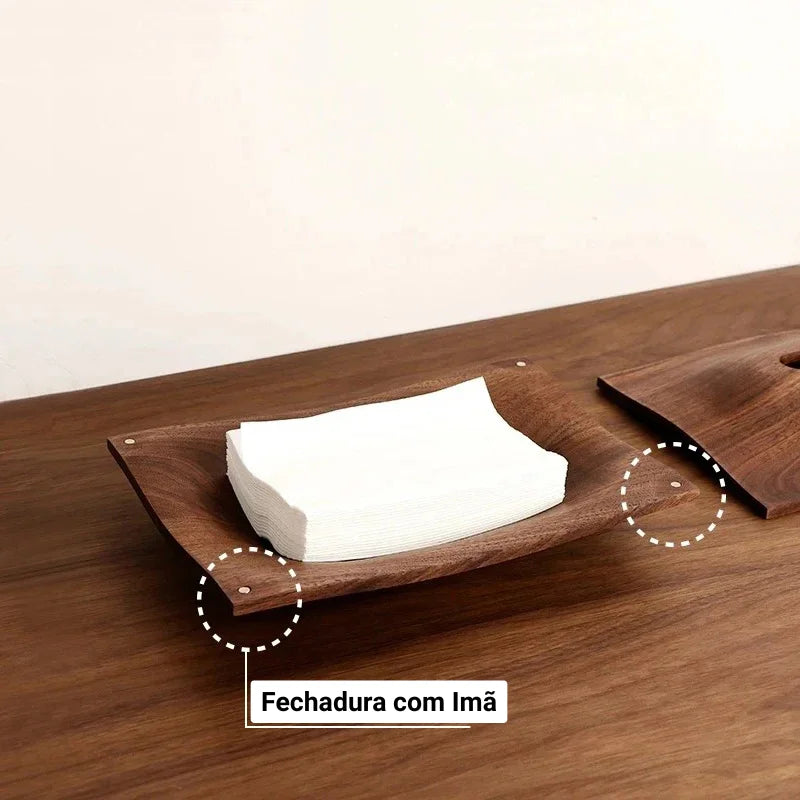 Open walnut wood tissue box cover with a tissue stack and marked points indicating the magnetic closure.