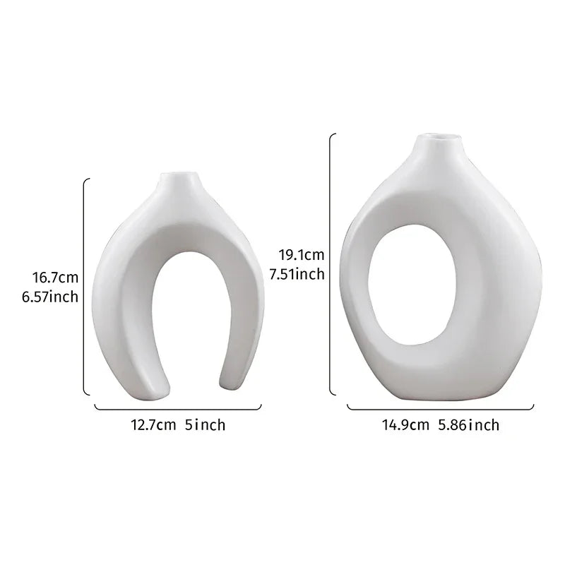 White open-centre vase pair with diagrams showing 16.7 cm and 19.1 cm heights