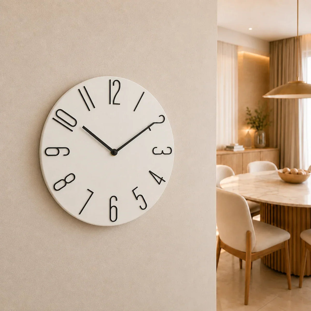 Bellagio White 30cm white wall clock, on a dining room wall