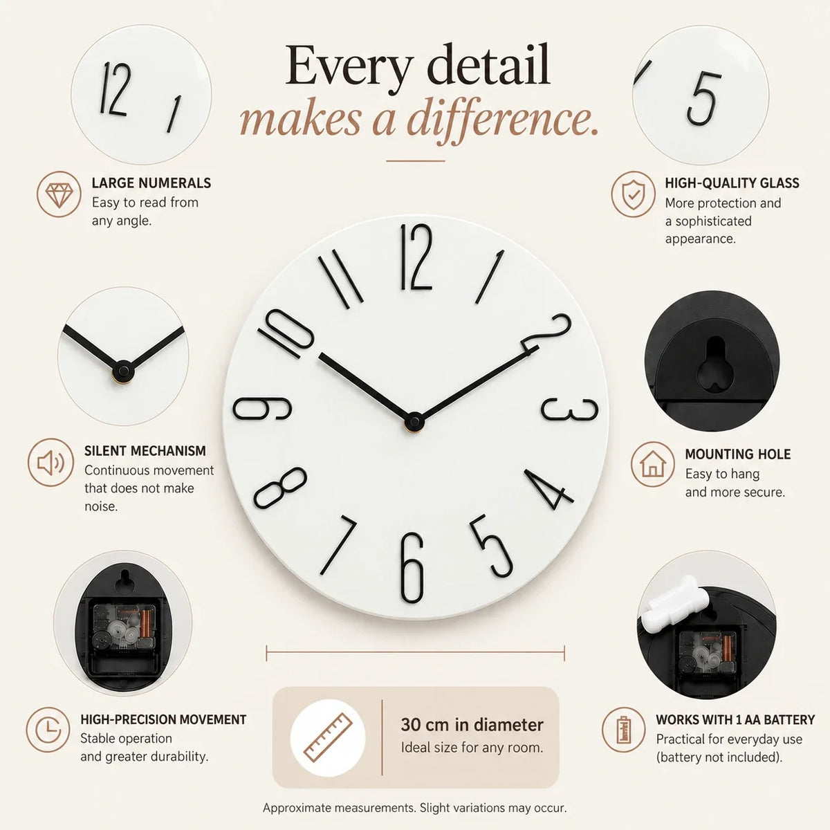 Bellagio White 30cm white wall clock, features graphic: large numerals, silent movement, hanging hole and one AA battery