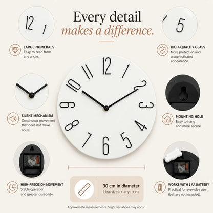 Bellagio White 30cm white wall clock, features graphic: large numerals, silent movement, hanging hole and one AA battery