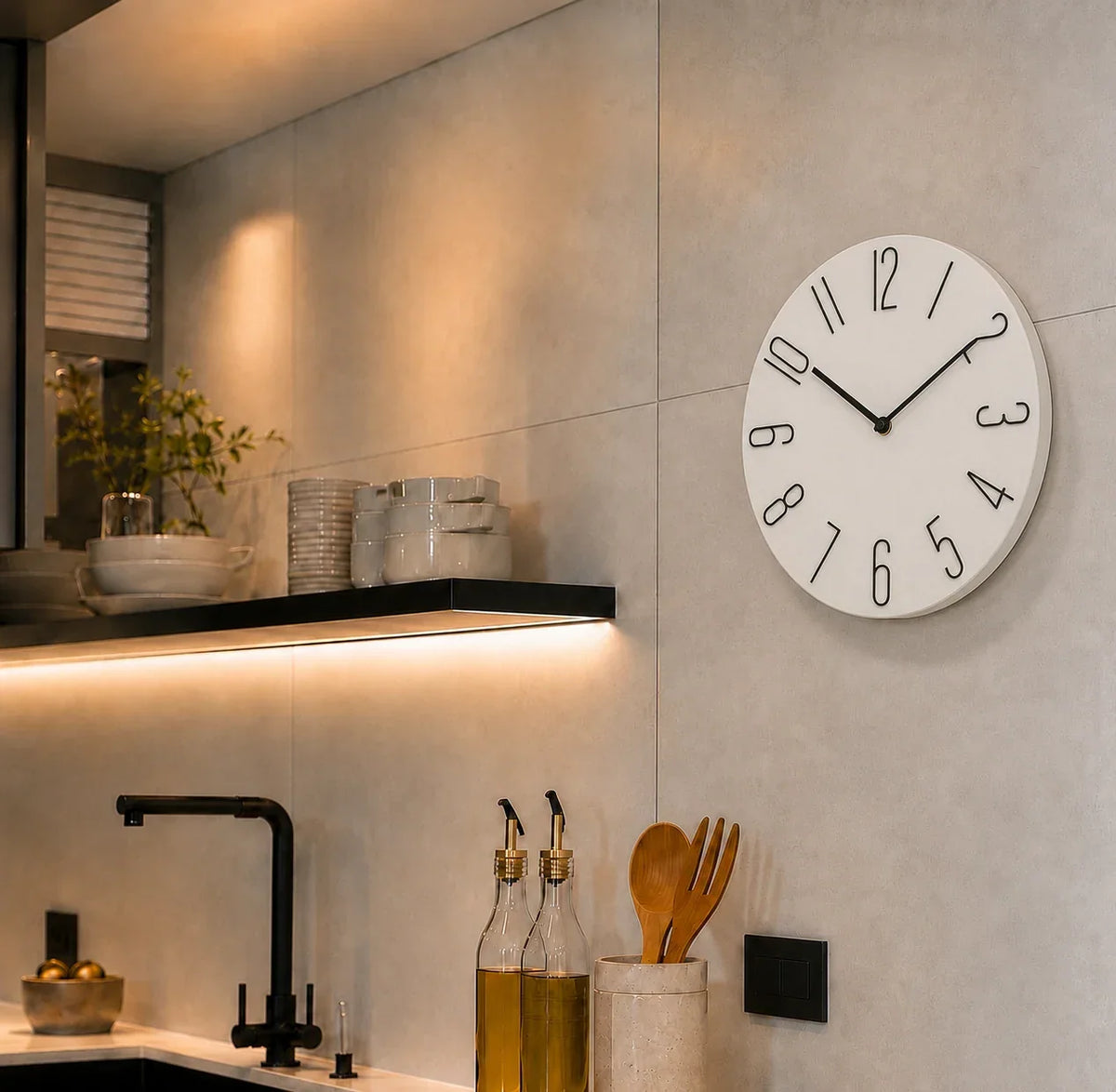 Bellagio White 30cm white wall clock, in a kitchen