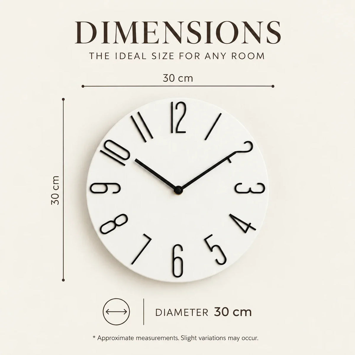 Bellagio White 30cm white wall clock, size guide, 30 cm diameter