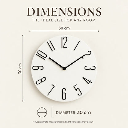 Bellagio White 30cm white wall clock, size guide, 30 cm diameter