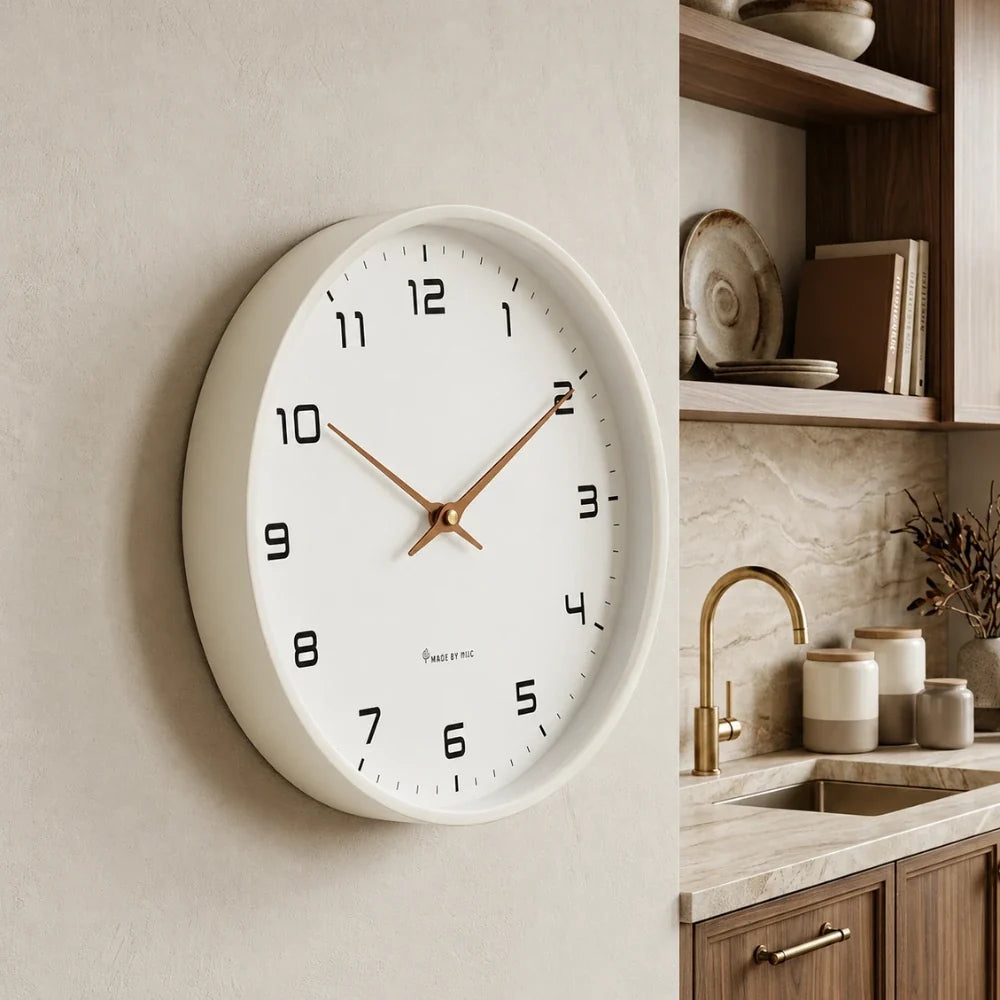 Lorenzzo Snow 25cm white wall clock, angled view on the wall