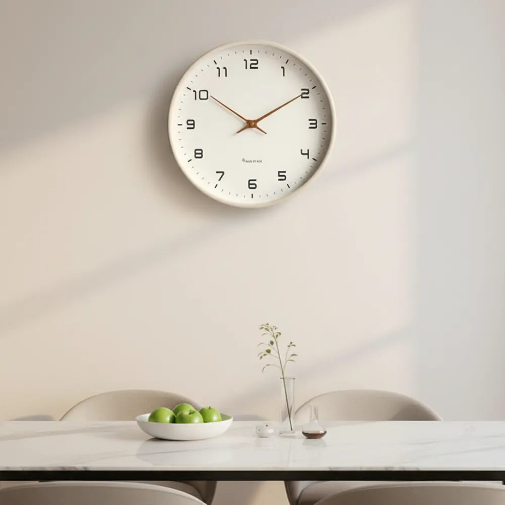 Lorenzzo Snow 25cm white wall clock, on a dining room wall