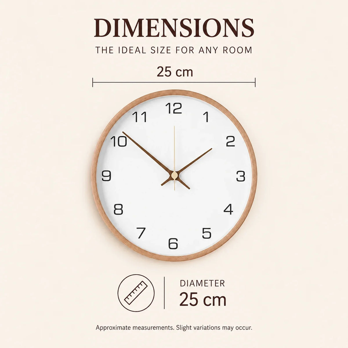Milano White 25cm white wall clock, size guide, 25 cm diameter