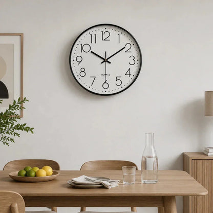 Valentino White & Black 30cm white wall clock, on a dining room wall