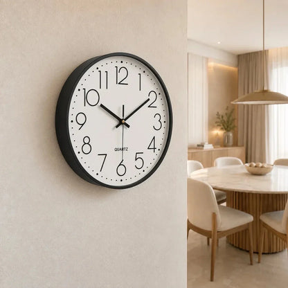 Valentino White & Black 30cm white wall clock, on a dining room wall