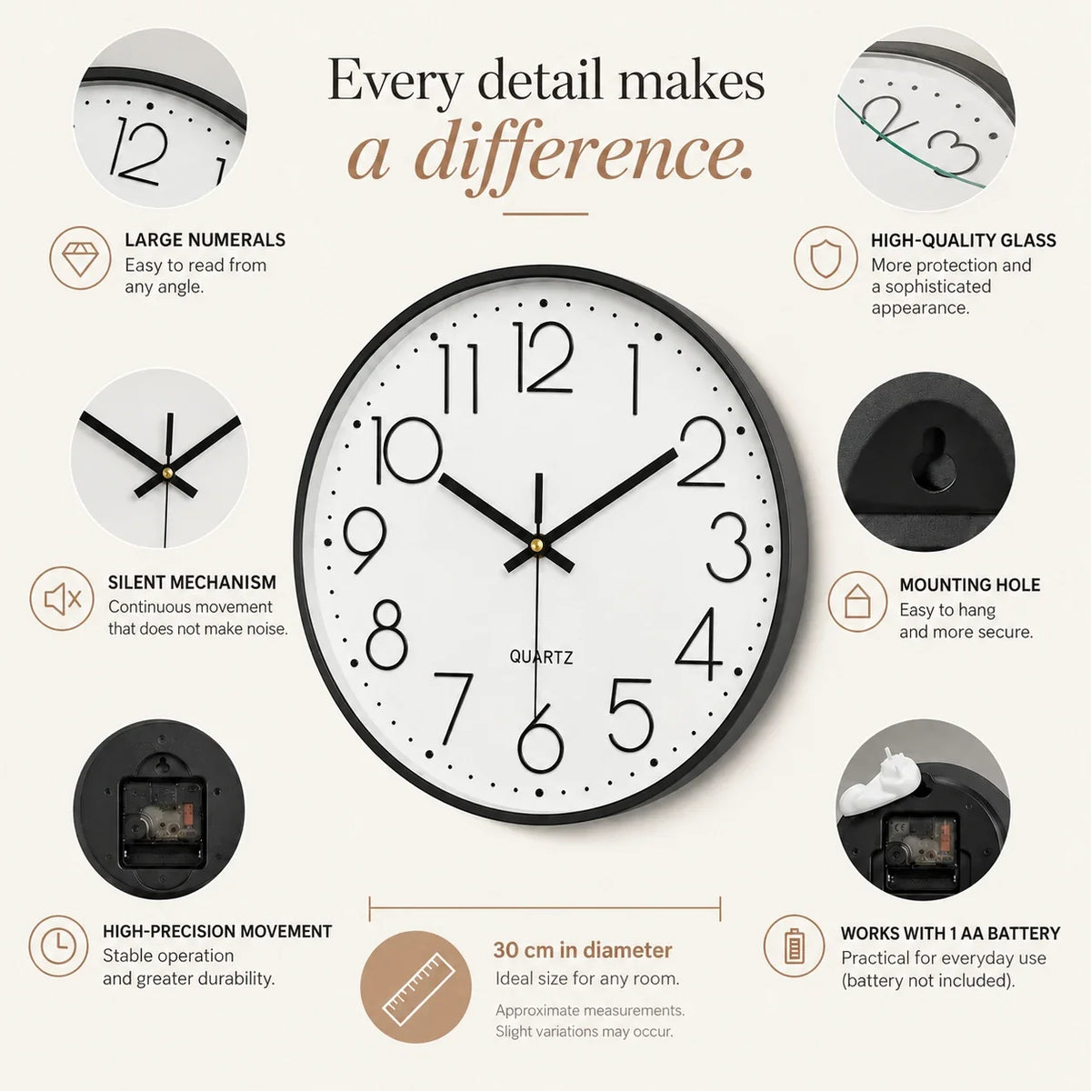 Valentino White & Black 30cm white wall clock, features graphic: large numerals, silent movement, hanging hole and one AA battery