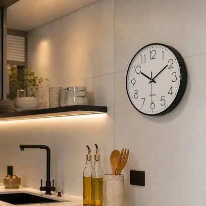 Valentino White & Black 30cm white wall clock, in a kitchen