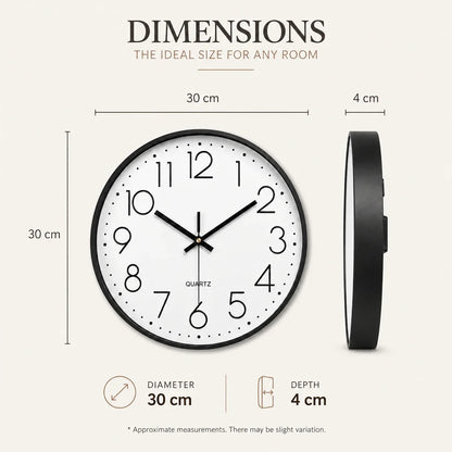 Valentino White & Black 30cm white wall clock, size guide, 30 cm diameter