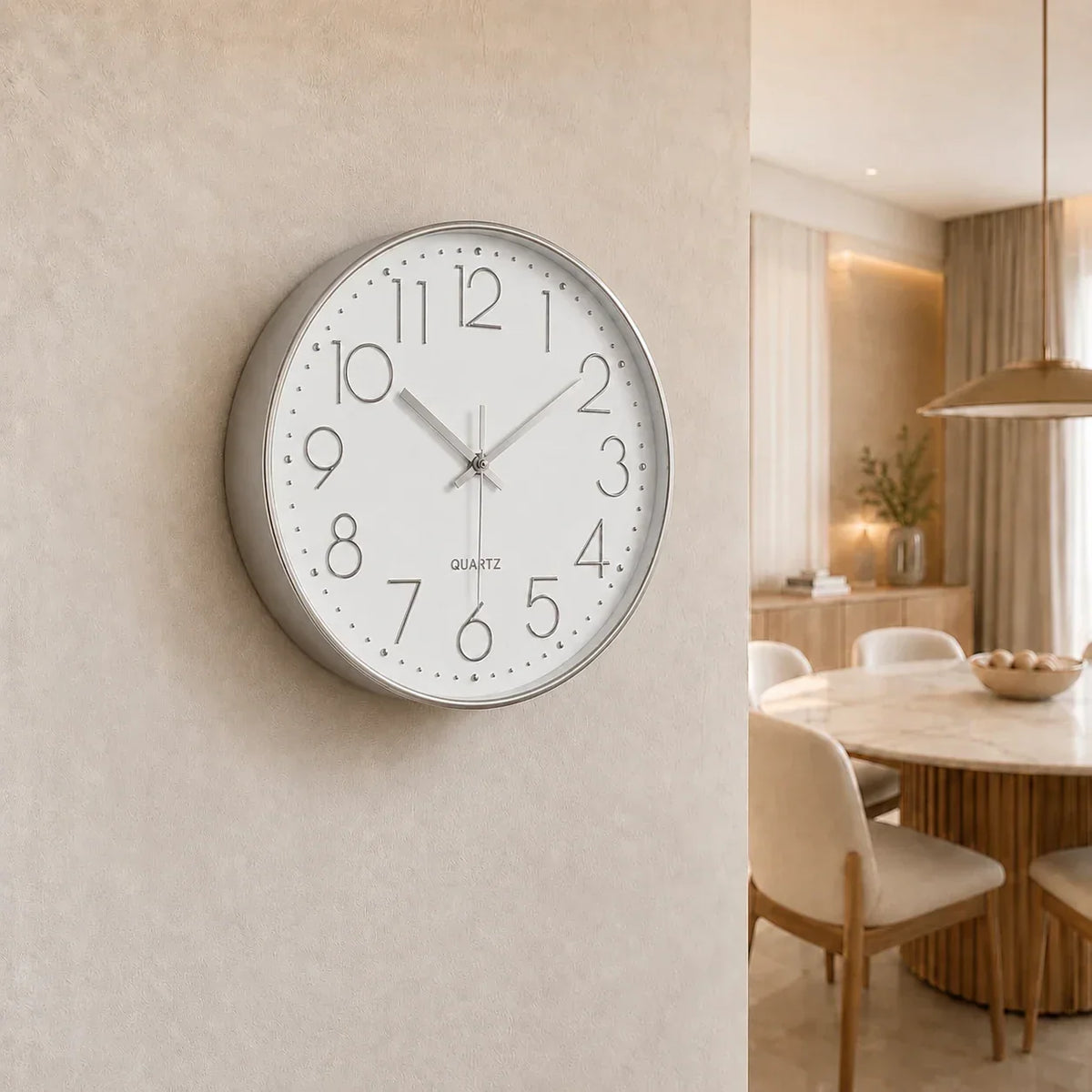 Valentino White & Grey 30cm white wall clock, on a dining room wall