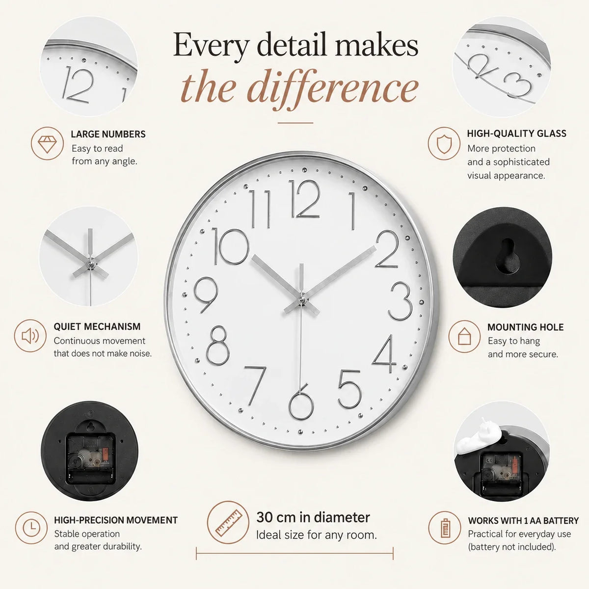 Valentino White & Grey 30cm white wall clock, features graphic: large numerals, silent movement, hanging hole and one AA battery