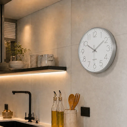 Valentino White & Grey 30cm white wall clock, in a kitchen