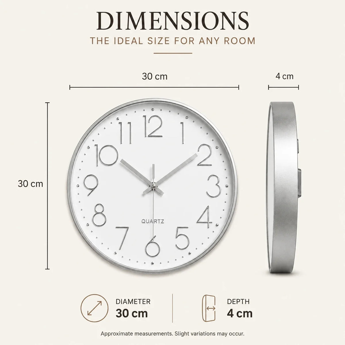 Valentino White & Grey 30cm white wall clock, size guide, 30 cm diameter