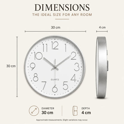 Valentino White & Grey 30cm white wall clock, size guide, 30 cm diameter
