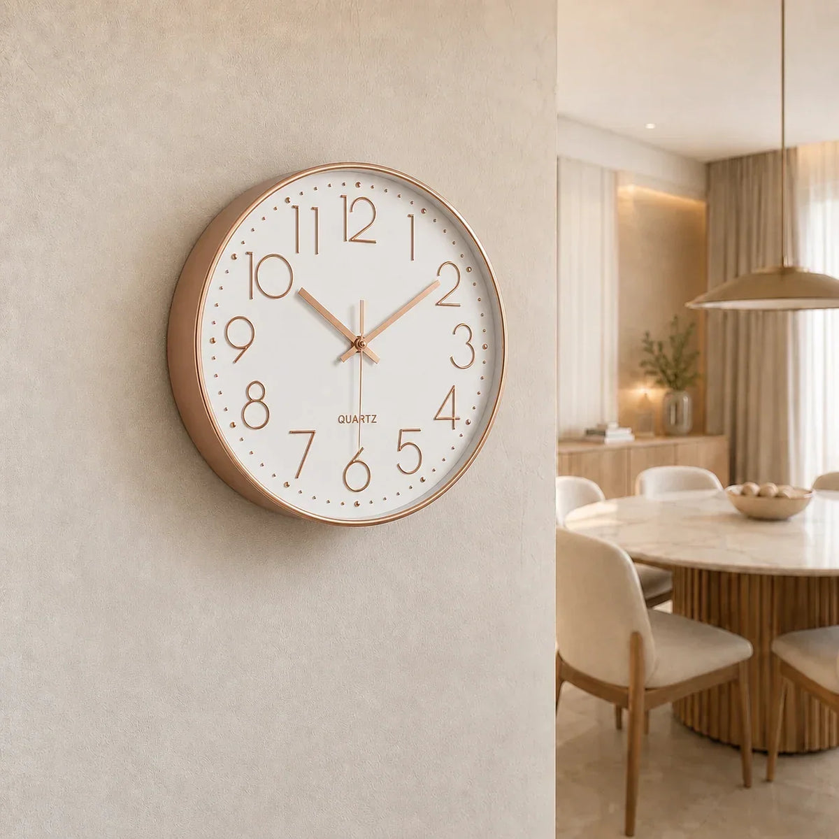 Valentino White & Rose 30cm white wall clock, on a dining room wall