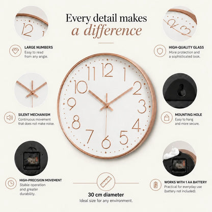 Valentino White & Rose 30cm white wall clock, features graphic: large numerals, silent movement, hanging hole and one AA battery