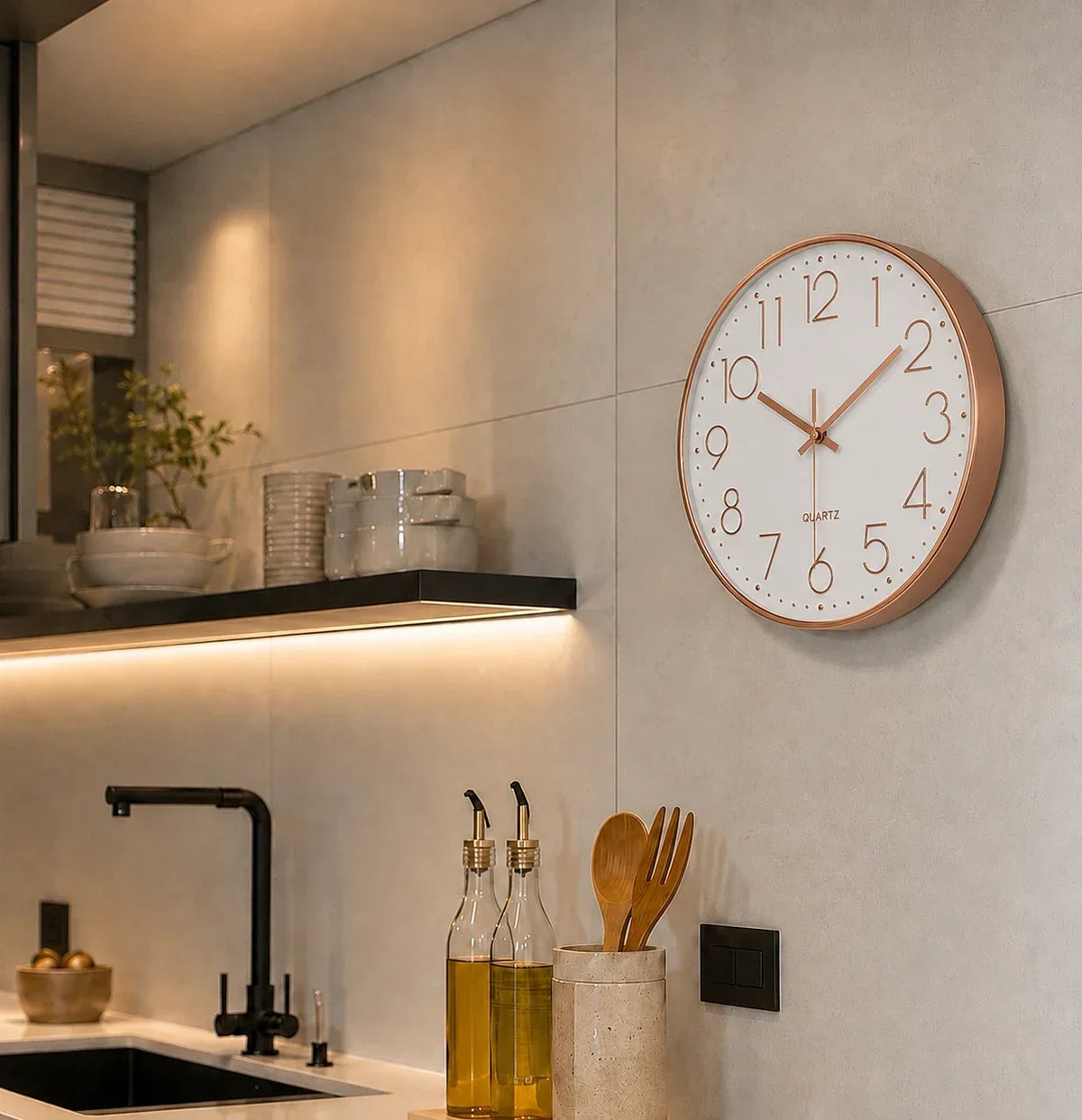Valentino White & Rose 30cm white wall clock, in a kitchen